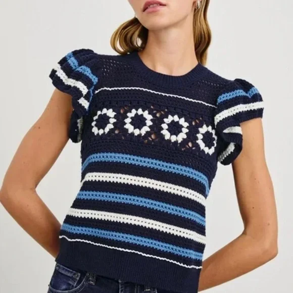 NWT Rails Penelope Crochet Top Sweater Blue Navy  
Striped Size S Flutter Sleeve - Picture 2 of 13